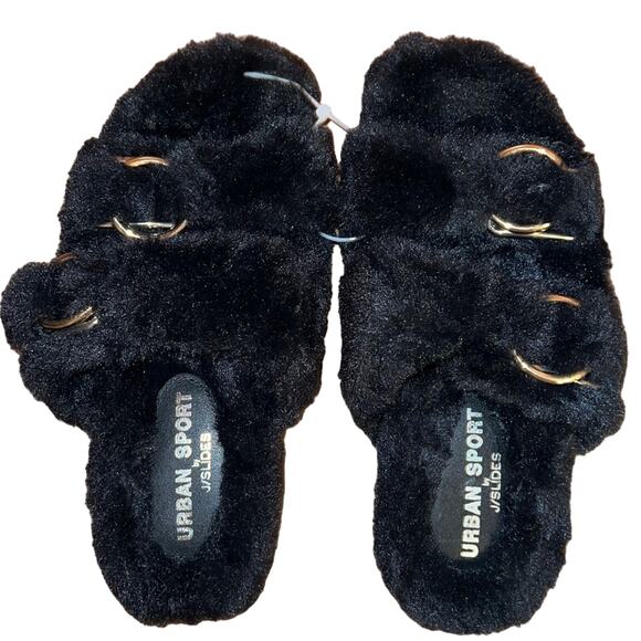 J Slides Shoes - URBAN SPORT by J/Slides Bree Babee Faux Fur Slides Slippers Black Size 7 NWOT